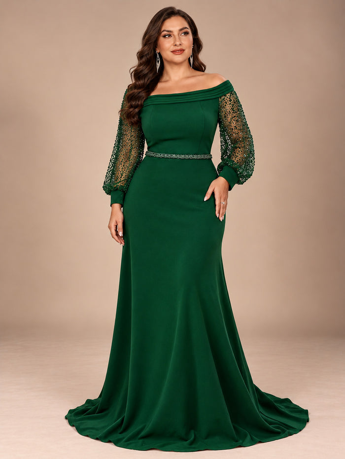 Women’s Emerald Green Elegant Off-Shoulder Sheer Long Sleeve Mermaid Maxi Dress with Beaded Detail