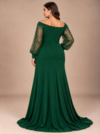 Women’s Emerald Green Elegant Off-Shoulder Sheer Long Sleeve Mermaid Maxi Dress with Beaded Detail