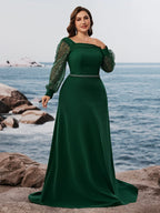 Women’s Emerald Green Elegant Off-Shoulder Sheer Long Sleeve Mermaid Maxi Dress with Beaded Detail
