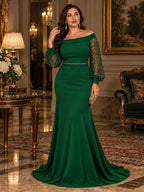Women’s Emerald Green Elegant Off-Shoulder Sheer Long Sleeve Mermaid Maxi Dress with Beaded Detail