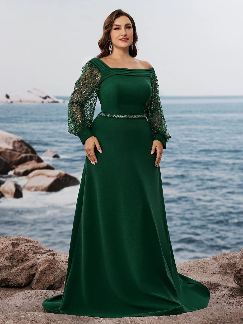 Women’s Emerald Green Elegant Off-Shoulder Sheer Long Sleeve Mermaid Maxi Dress with Beaded Detail