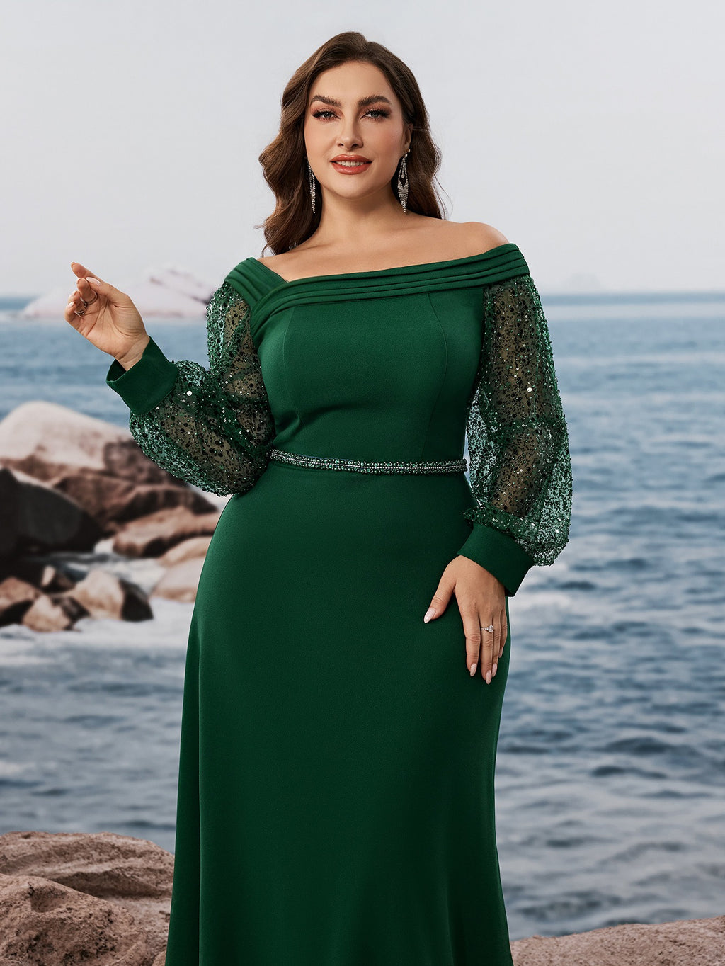 Women’s Emerald Green Elegant Off-Shoulder Sheer Long Sleeve Mermaid Maxi Dress with Beaded Detail