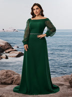 Women’s Emerald Green Elegant Off-Shoulder Sheer Long Sleeve Mermaid Maxi Dress with Beaded Detail