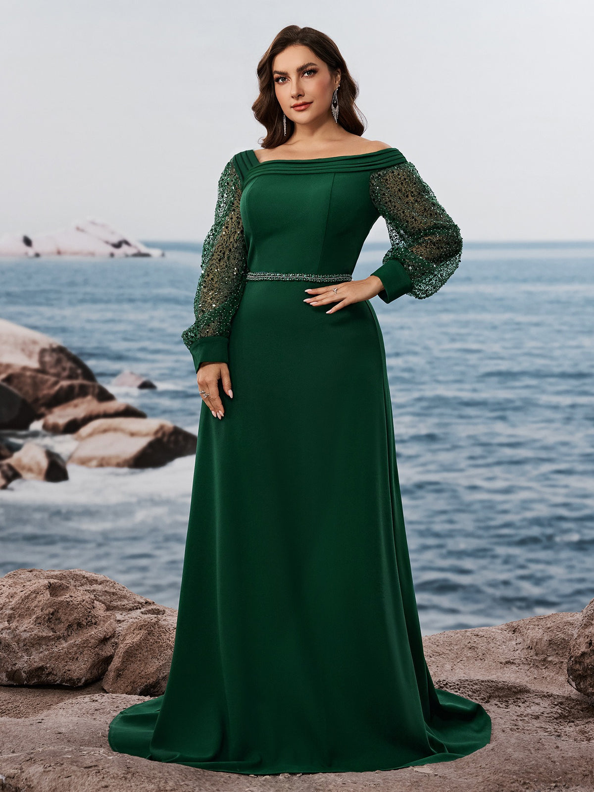 Women’s Emerald Green Elegant Off-Shoulder Sheer Long Sleeve Mermaid Maxi Dress with Beaded Detail