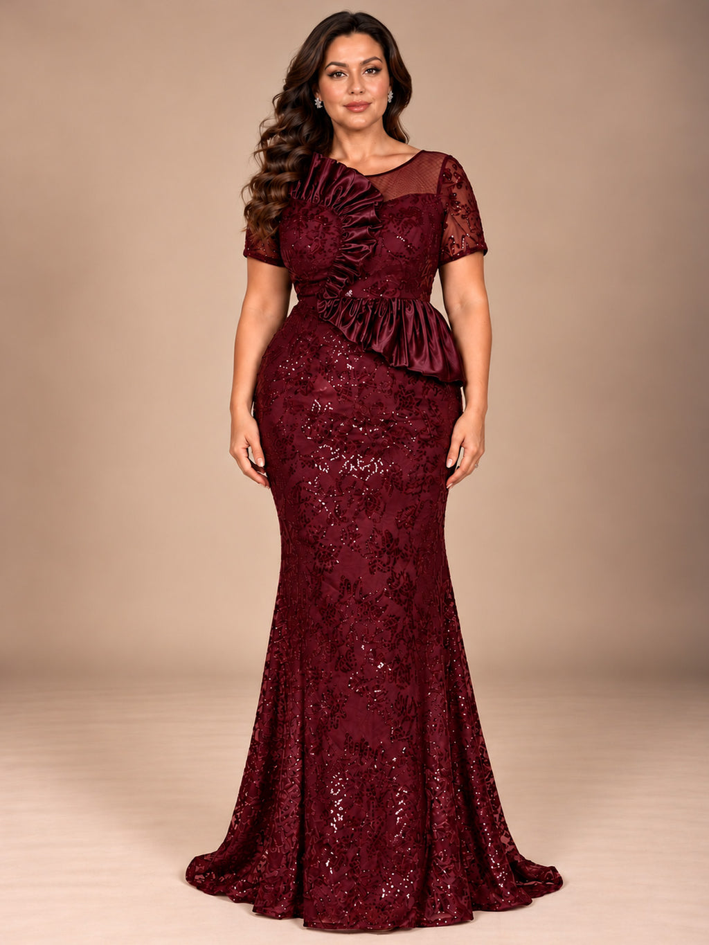 Women’s Black Elegant Sequin Mesh Round Neck Short Sleeve Sheath Maxi Dress with Asymmetric Satin Ruffle Detail