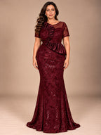 Women’s Black Elegant Sequin Mesh Round Neck Short Sleeve Sheath Maxi Dress with Asymmetric Satin Ruffle Detail