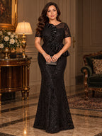 Women’s Black Elegant Sequin Mesh Round Neck Short Sleeve Sheath Maxi Dress with Asymmetric Satin Ruffle Detail