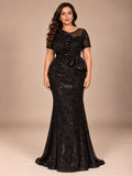 Women’s Black Elegant Sequin Mesh Round Neck Short Sleeve Sheath Maxi Dress with Asymmetric Satin Ruffle Detail