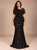 Women’s Black Elegant Sequin Mesh Round Neck Short Sleeve Sheath Maxi Dress with Asymmetric Satin Ruffle Detail