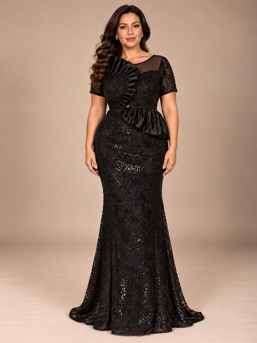 Women’s Black Elegant Sequin Mesh Round Neck Short Sleeve Sheath Maxi Dress with Asymmetric Satin Ruffle Detail
