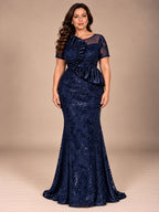 Women’s Black Elegant Sequin Mesh Round Neck Short Sleeve Sheath Maxi Dress with Asymmetric Satin Ruffle Detail