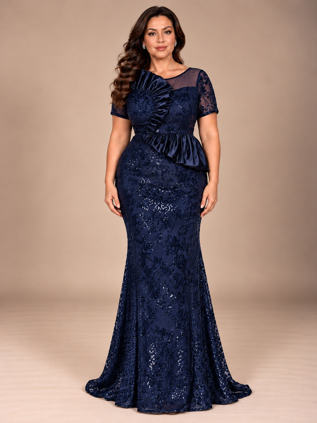 Women’s Black Elegant Sequin Mesh Round Neck Short Sleeve Sheath Maxi Dress with Asymmetric Satin Ruffle Detail