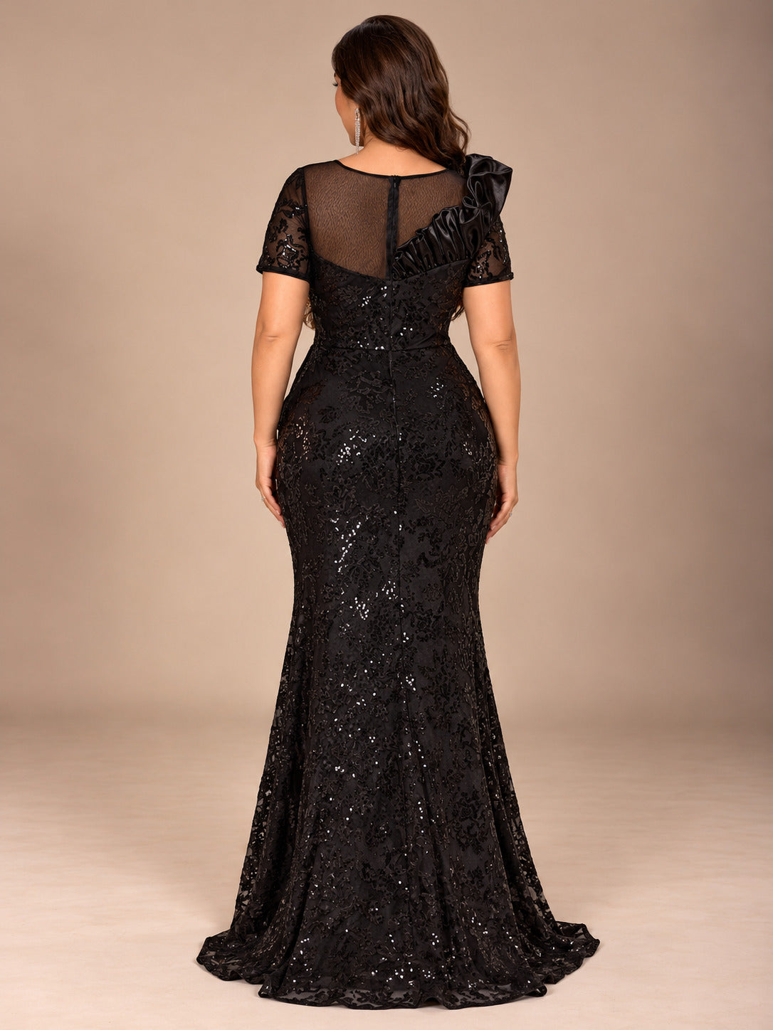 Women’s Black Elegant Sequin Mesh Round Neck Short Sleeve Sheath Maxi Dress with Asymmetric Satin Ruffle Detail