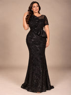 Women’s Black Elegant Sequin Mesh Round Neck Short Sleeve Sheath Maxi Dress with Asymmetric Satin Ruffle Detail
