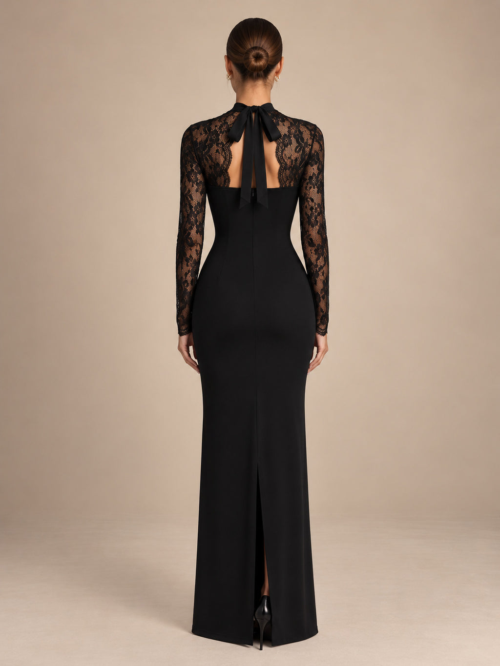 Women’s Black Elegant Lace High Neck Sheer Long Sleeve Sheath Maxi Dress with Sweetheart Bodice Detail