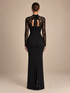 Women’s Black Elegant Lace High Neck Sheer Long Sleeve Sheath Maxi Dress with Sweetheart Bodice Detail