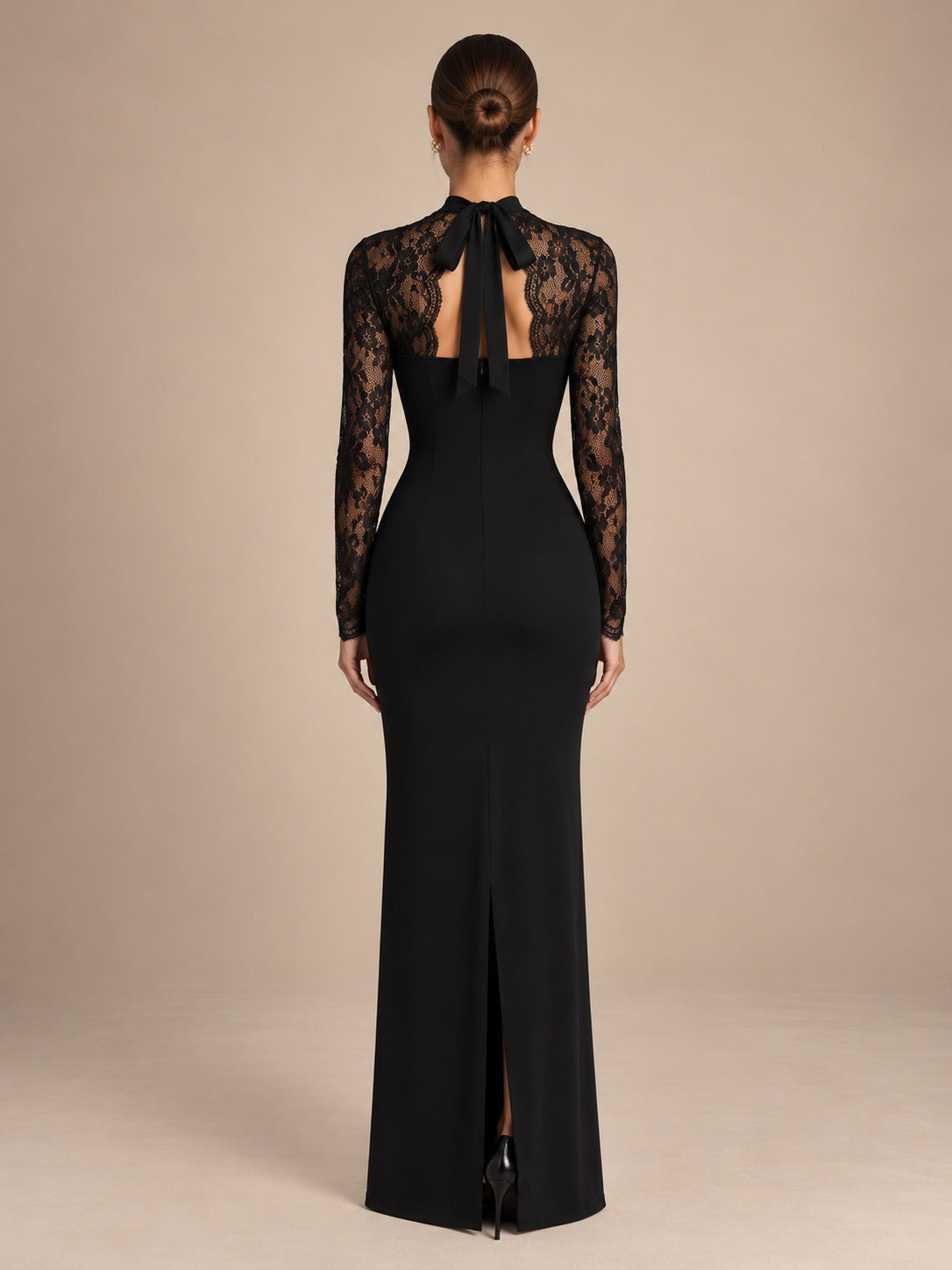 Women’s Black Elegant Lace High Neck Sheer Long Sleeve Sheath Maxi Dress with Sweetheart Bodice Detail