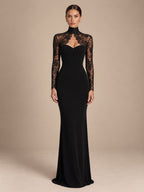 Women’s Black Elegant Lace High Neck Sheer Long Sleeve Sheath Maxi Dress with Sweetheart Bodice Detail