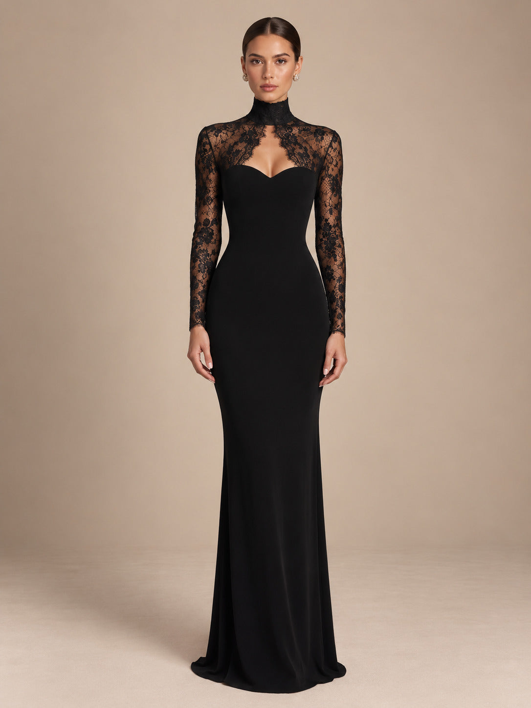 Women’s Black Elegant Lace High Neck Sheer Long Sleeve Sheath Maxi Dress with Sweetheart Bodice Detail