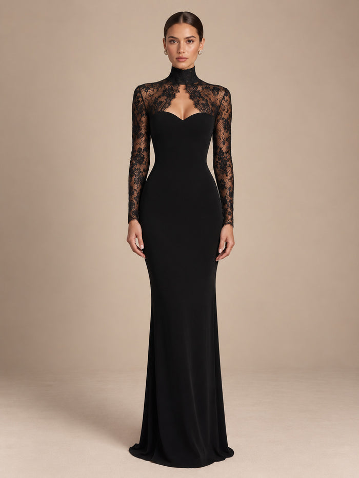 Women’s Black Elegant Lace High Neck Sheer Long Sleeve Sheath Maxi Dress with Sweetheart Bodice Detail