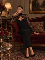 Women’s Black Elegant Lace High Neck Sheer Long Sleeve Sheath Maxi Dress with Sweetheart Bodice Detail