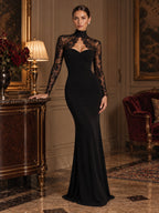 Women’s Black Elegant Lace High Neck Sheer Long Sleeve Sheath Maxi Dress with Sweetheart Bodice Detail