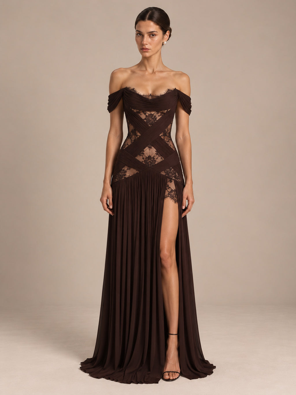 Women’s Black Sexy Lace Off-Shoulder Short Sleeve A-Line Maxi Dress with Sheer Corset Detail and High Slit
