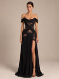 Women’s Black Sexy Lace Off-Shoulder Short Sleeve A-Line Maxi Dress with Sheer Corset Detail and High Slit