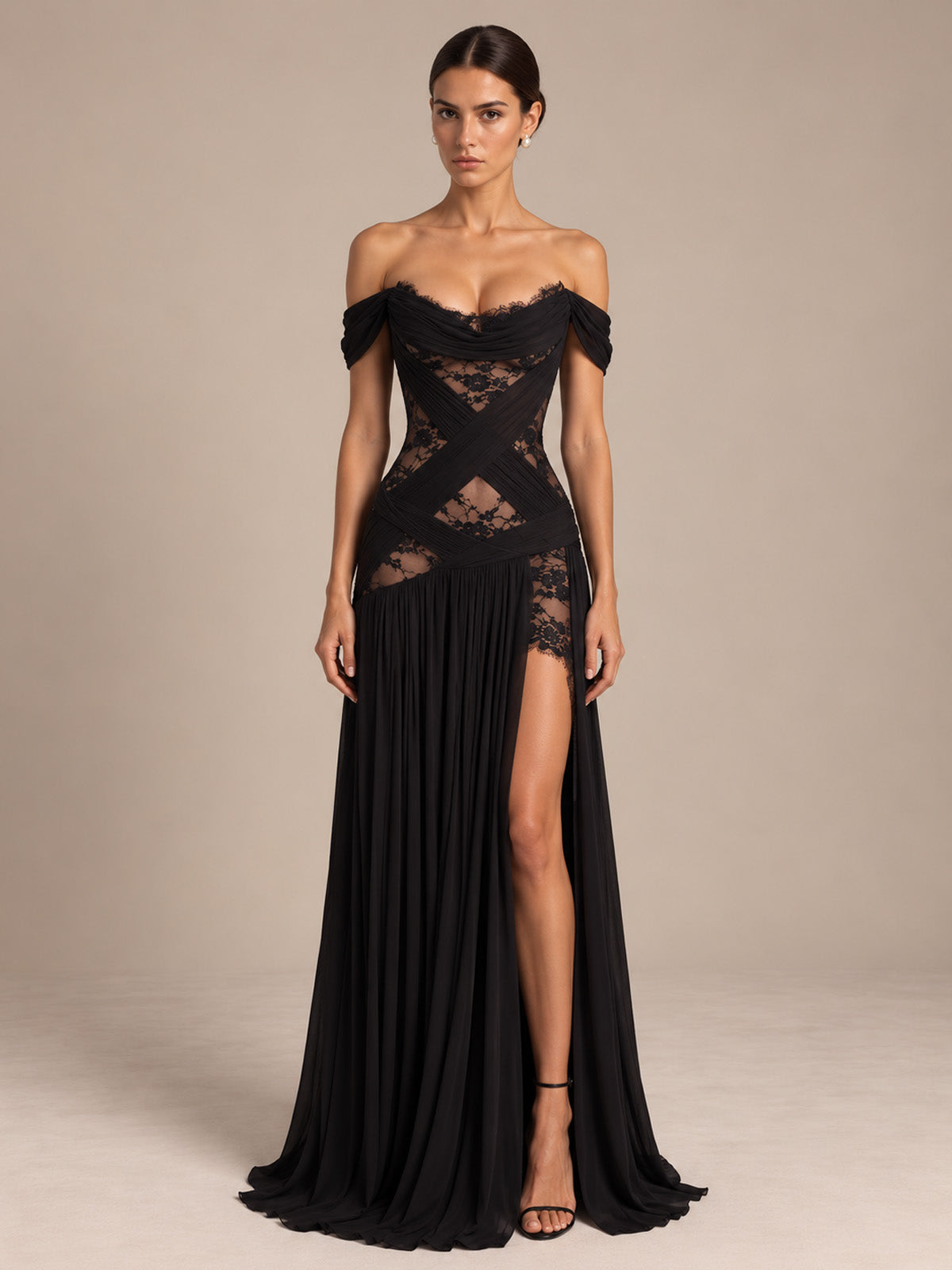 Women’s Black Sexy Lace Off-Shoulder Short Sleeve A-Line Maxi Dress with Sheer Corset Detail and High Slit