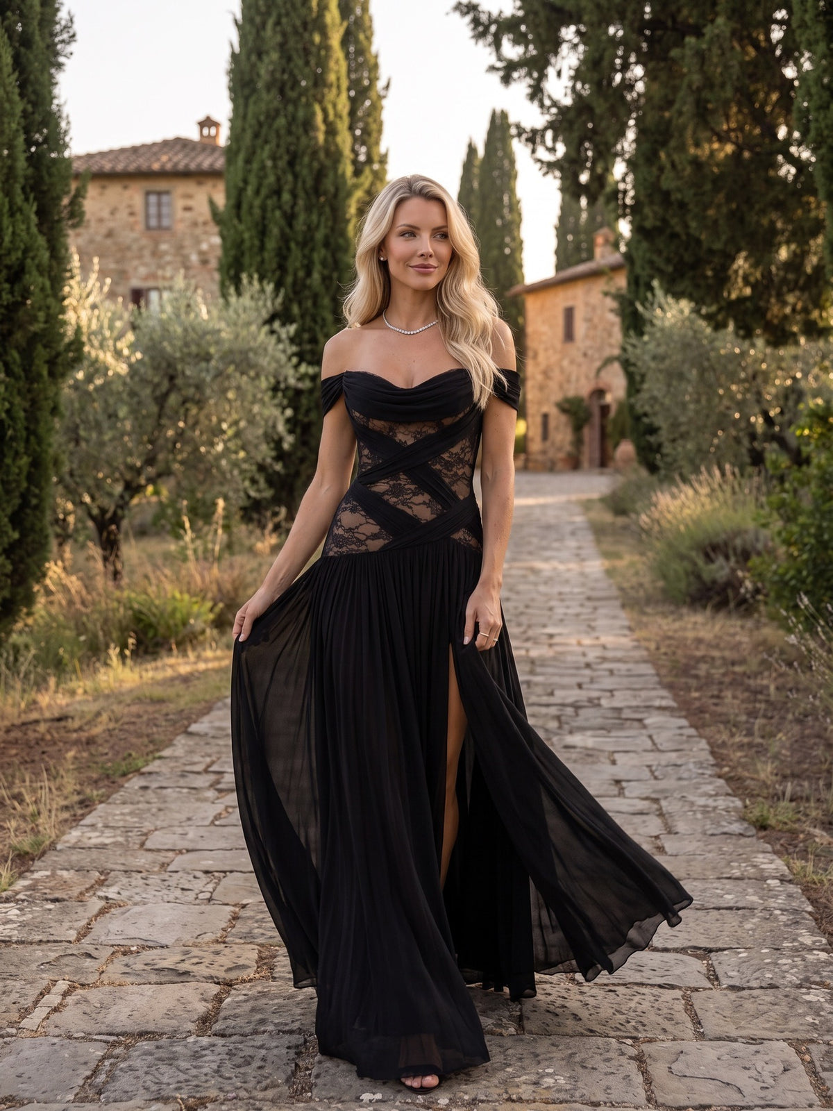 Women’s Black Sexy Lace Off-Shoulder Short Sleeve A-Line Maxi Dress with Sheer Corset Detail and High Slit