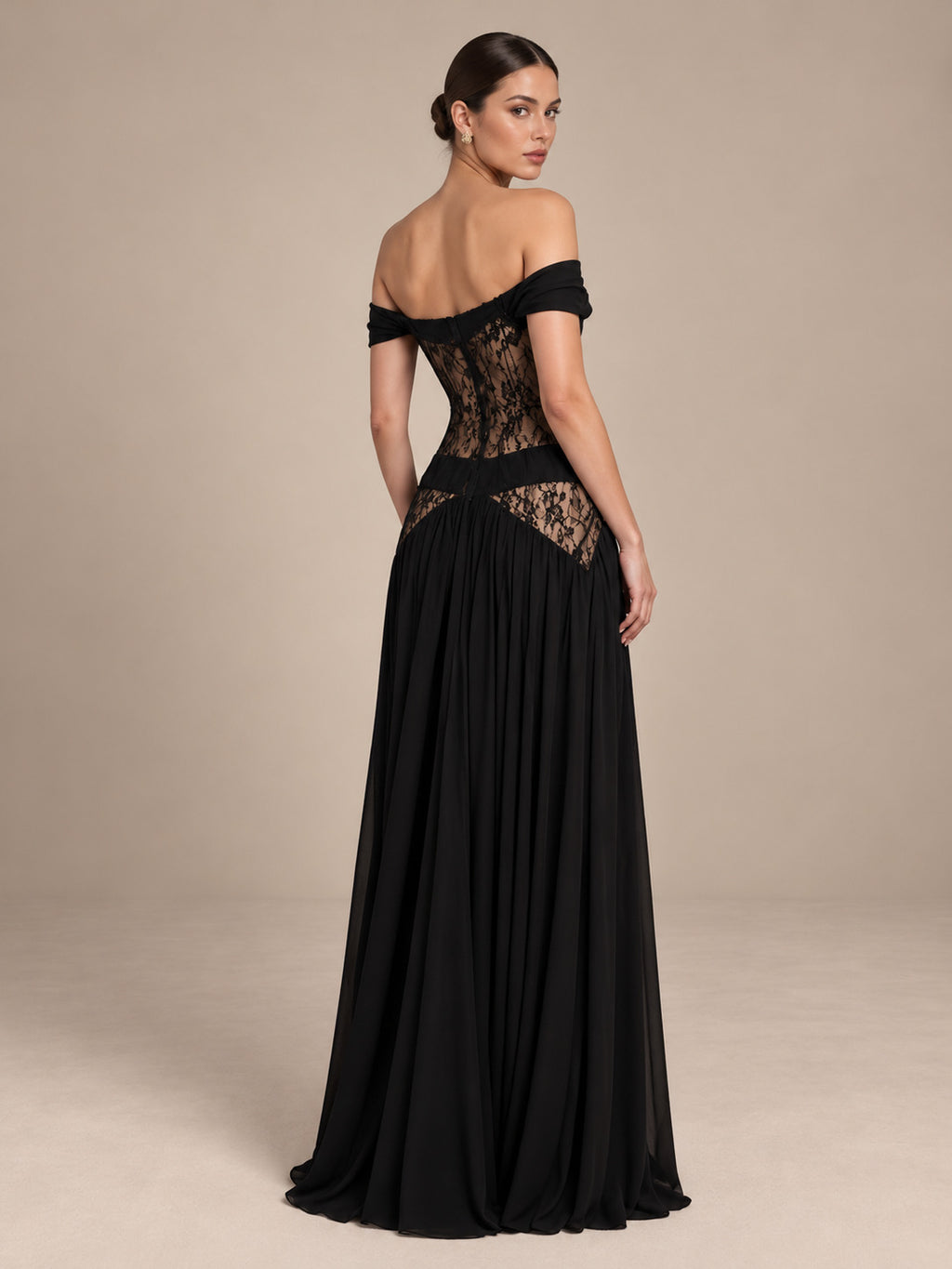 Women’s Black Sexy Lace Off-Shoulder Short Sleeve A-Line Maxi Dress with Sheer Corset Detail and High Slit