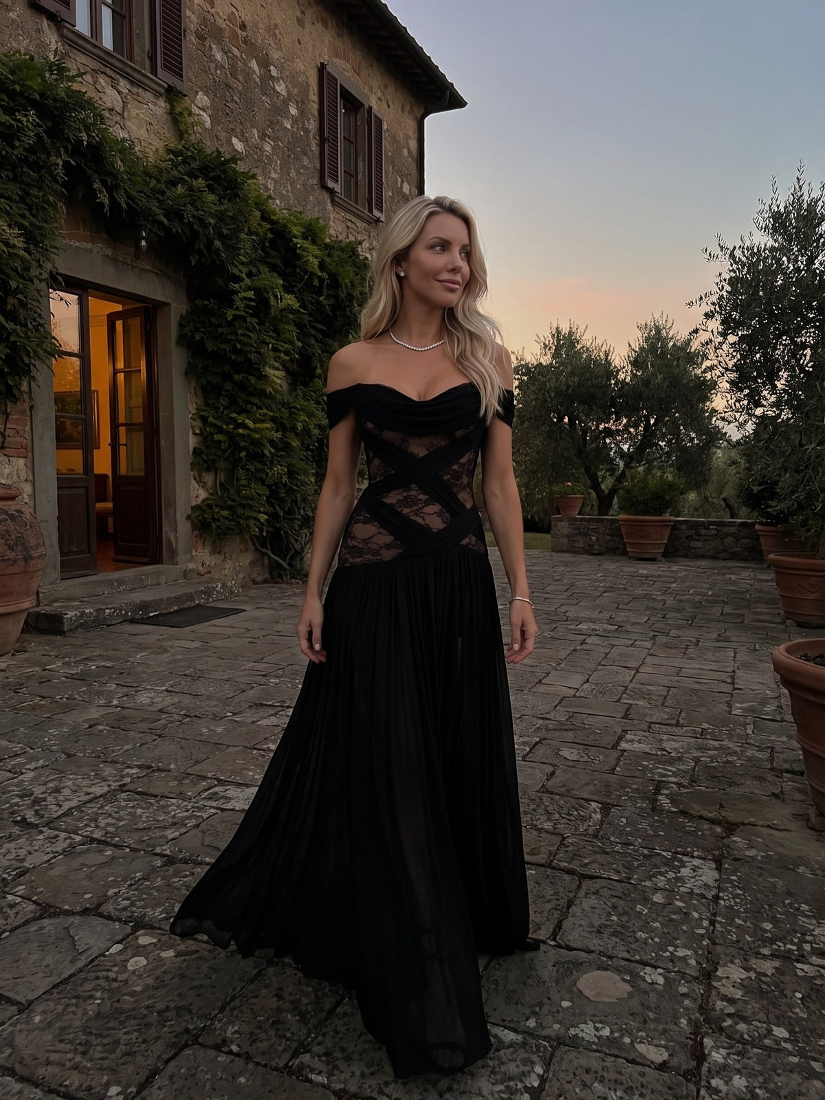 Women’s Black Sexy Lace Off-Shoulder Short Sleeve A-Line Maxi Dress with Sheer Corset Detail and High Slit