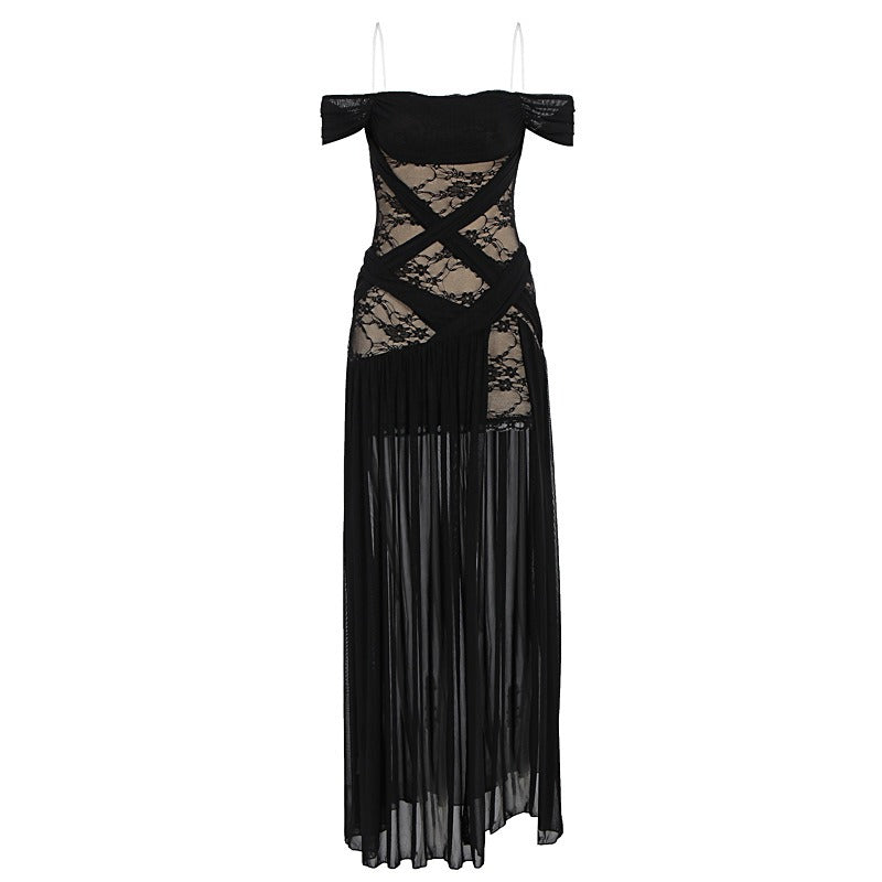 Women’s Black Sexy Lace Off-Shoulder Short Sleeve A-Line Maxi Dress with Sheer Corset Detail and High Slit