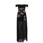 Women’s Black Sexy Lace Off-Shoulder Short Sleeve A-Line Maxi Dress with Sheer Corset Detail and High Slit