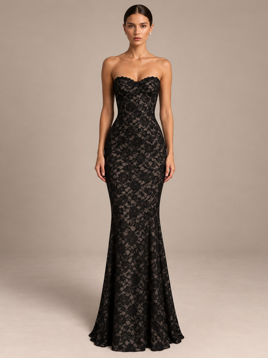 Women’s Black Elegant Floral Lace Sweetheart Neck Long Sleeve Mermaid Maxi Dress with Detachable Lace Bolero and Back Bow Detail