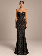 Women’s Black Elegant Floral Lace Sweetheart Neck Long Sleeve Mermaid Maxi Dress with Detachable Lace Bolero and Back Bow Detail