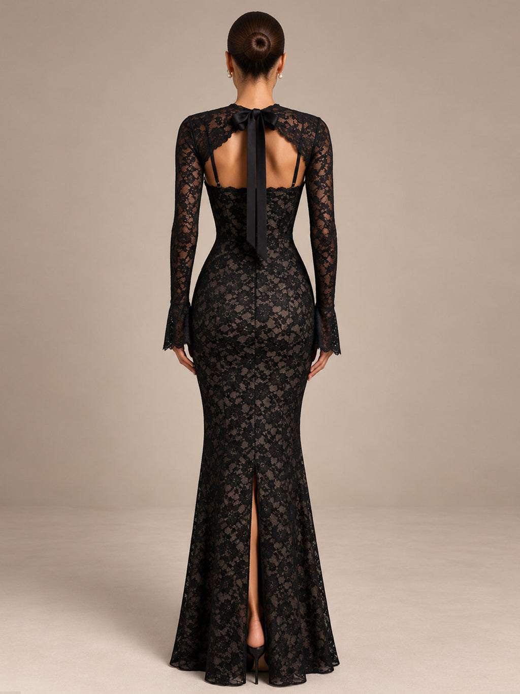 Women’s Black Elegant Floral Lace Sweetheart Neck Long Sleeve Mermaid Maxi Dress with Detachable Lace Bolero and Back Bow Detail