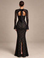 Women’s Black Elegant Floral Lace Sweetheart Neck Long Sleeve Mermaid Maxi Dress with Detachable Lace Bolero and Back Bow Detail