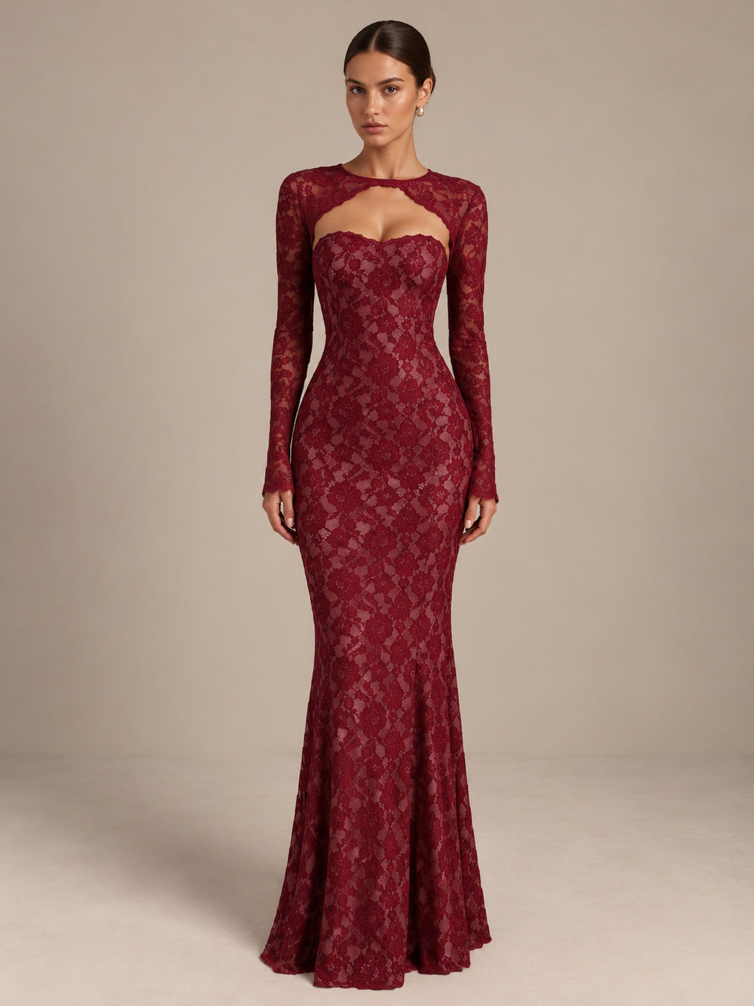 Women’s Black Elegant Floral Lace Sweetheart Neck Long Sleeve Mermaid Maxi Dress with Detachable Lace Bolero and Back Bow Detail
