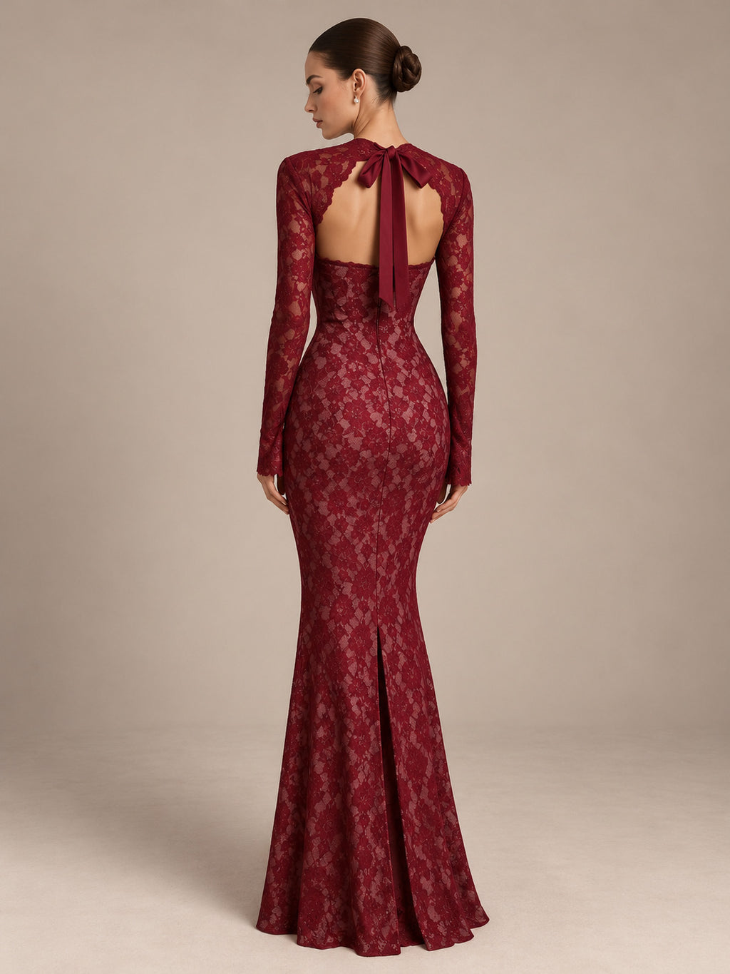 Women’s Black Elegant Floral Lace Sweetheart Neck Long Sleeve Mermaid Maxi Dress with Detachable Lace Bolero and Back Bow Detail