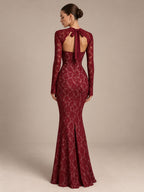 Women’s Black Elegant Floral Lace Sweetheart Neck Long Sleeve Mermaid Maxi Dress with Detachable Lace Bolero and Back Bow Detail