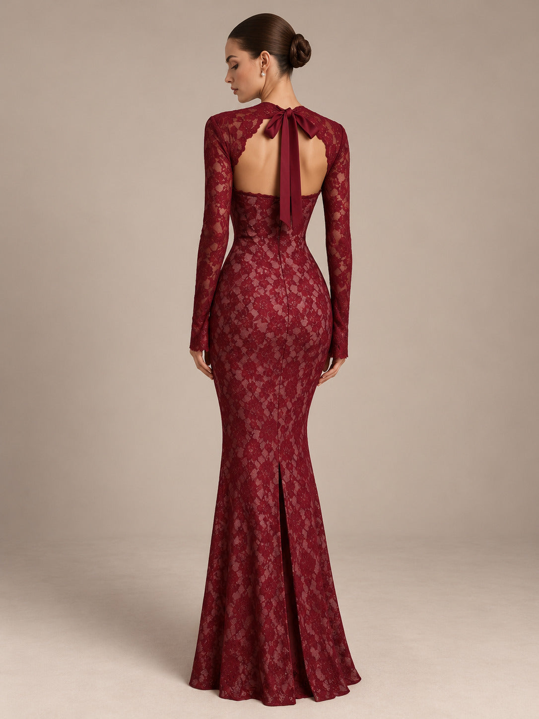 Women’s Black Elegant Floral Lace Sweetheart Neck Long Sleeve Mermaid Maxi Dress with Detachable Lace Bolero and Back Bow Detail