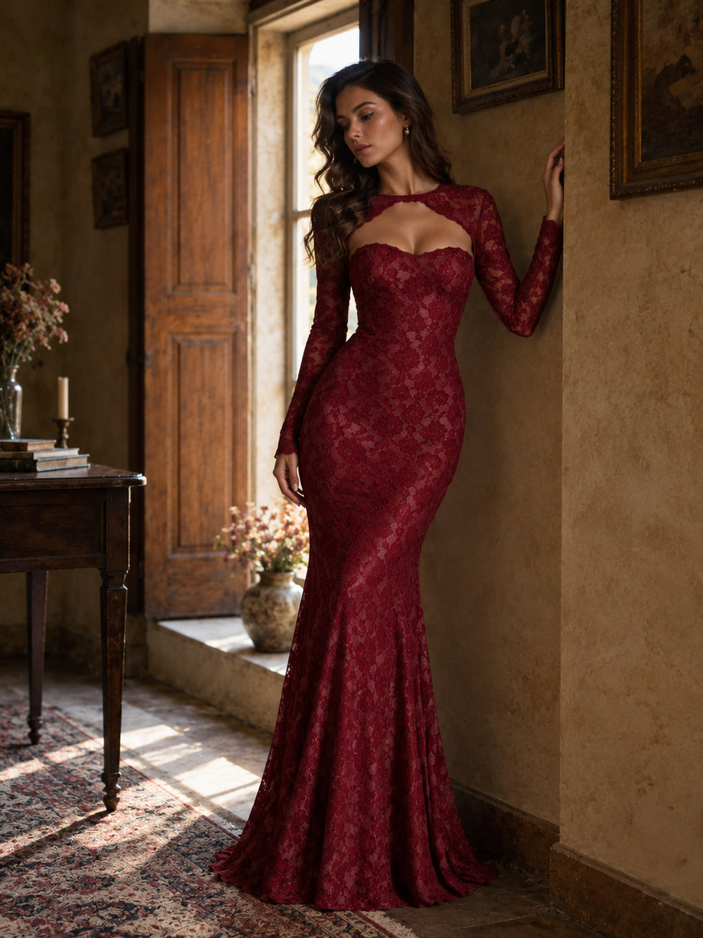 Women’s Black Elegant Floral Lace Sweetheart Neck Long Sleeve Mermaid Maxi Dress with Detachable Lace Bolero and Back Bow Detail