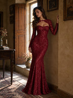 Women’s Black Elegant Floral Lace Sweetheart Neck Long Sleeve Mermaid Maxi Dress with Detachable Lace Bolero and Back Bow Detail