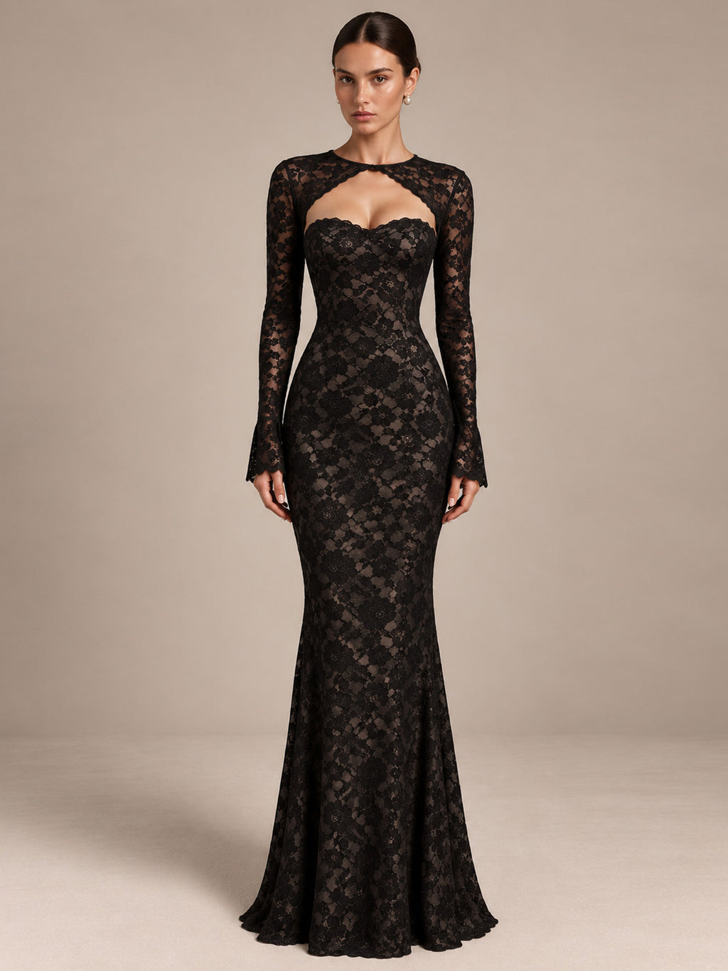 Women’s Black Elegant Floral Lace Sweetheart Neck Long Sleeve Mermaid Maxi Dress with Detachable Lace Bolero and Back Bow Detail
