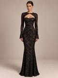 Women’s Black Elegant Floral Lace Sweetheart Neck Long Sleeve Mermaid Maxi Dress with Detachable Lace Bolero and Back Bow Detail