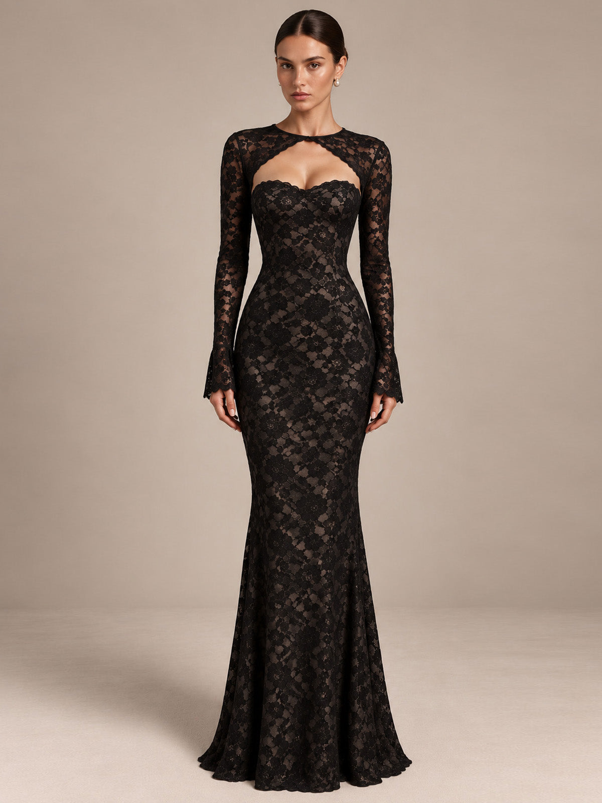 Women’s Black Elegant Floral Lace Sweetheart Neck Long Sleeve Mermaid Maxi Dress with Detachable Lace Bolero and Back Bow Detail