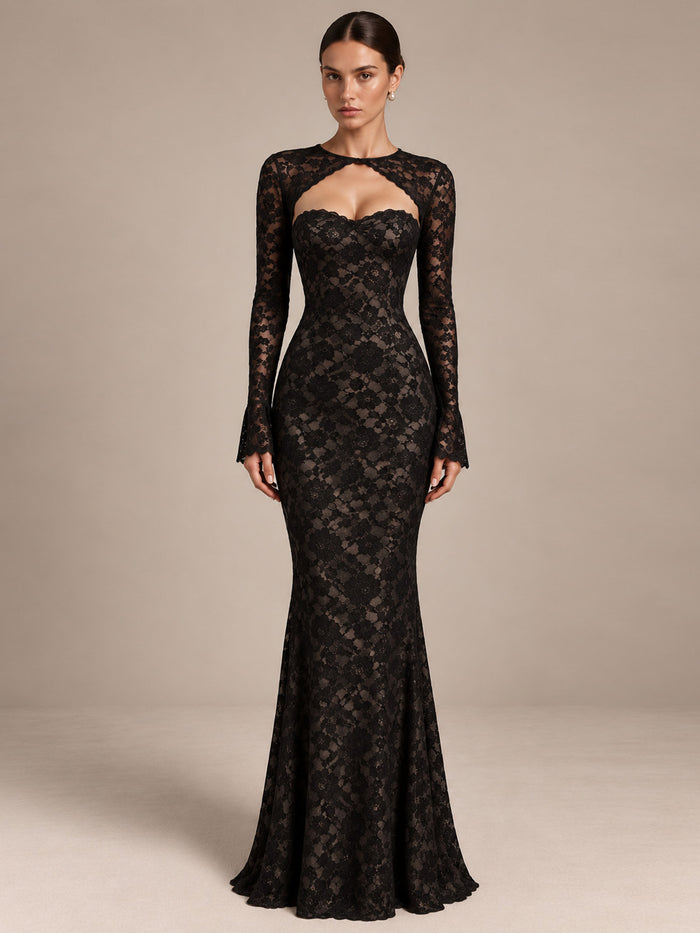 Women’s Black Elegant Floral Lace Sweetheart Neck Long Sleeve Mermaid Maxi Dress with Detachable Lace Bolero and Back Bow Detail