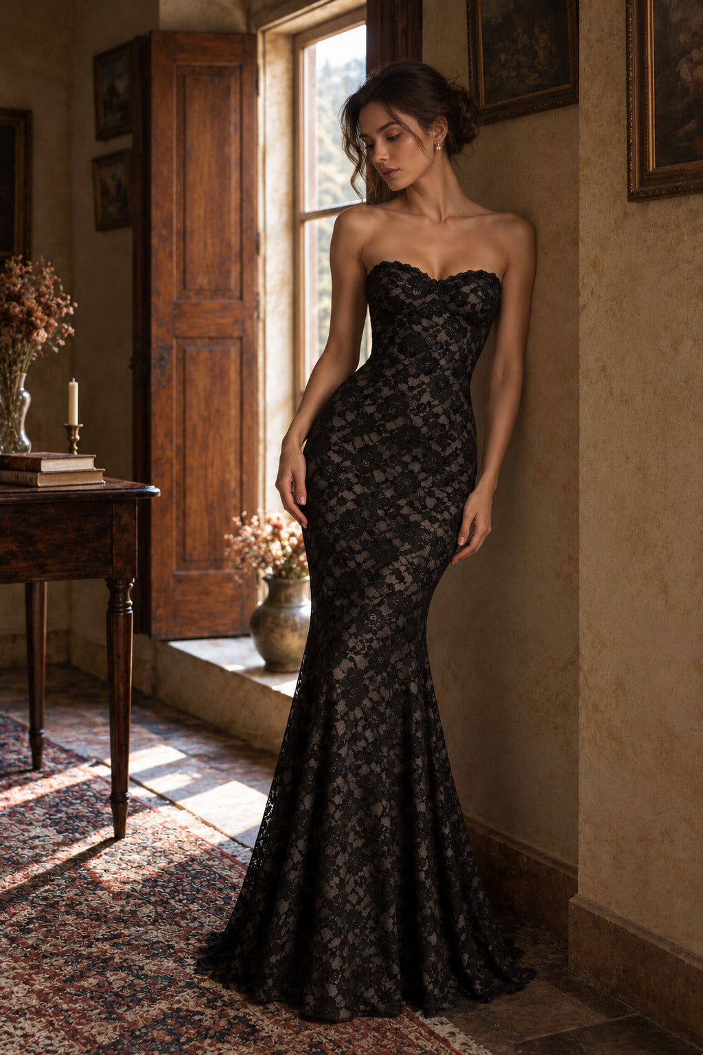 Women’s Black Elegant Floral Lace Sweetheart Neck Long Sleeve Mermaid Maxi Dress with Detachable Lace Bolero and Back Bow Detail