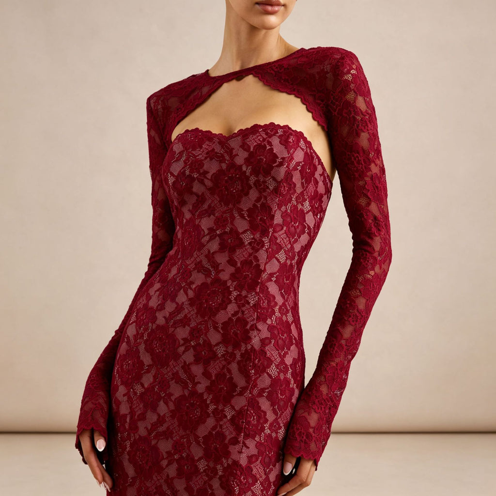 Women’s Black Elegant Floral Lace Sweetheart Neck Long Sleeve Mermaid Maxi Dress with Detachable Lace Bolero and Back Bow Detail
